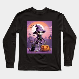 Well dressed Halloween skeleton with cat and pumpkin Long Sleeve T-Shirt